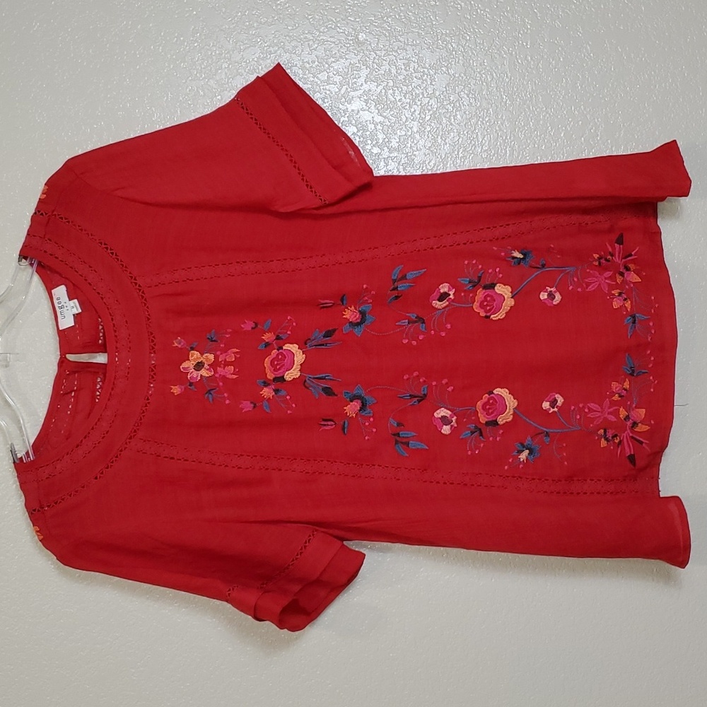 Umgee Red Embroidered Boho Babydoll Top Blouse Short Sleeve  Medium